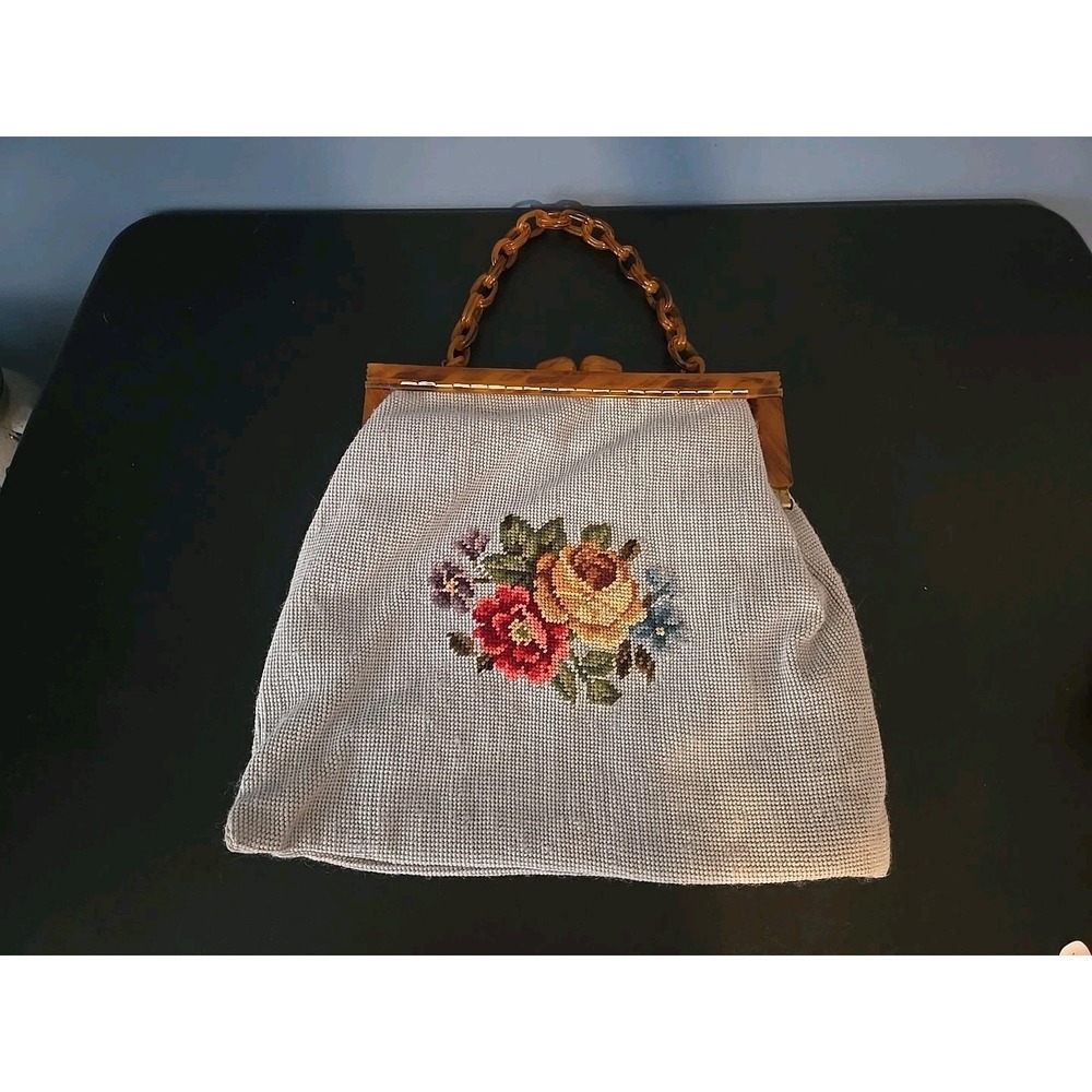 Vintage 1940's Mardor Butterscotch Bakelite Needlepoint Roses Purse Celluloid